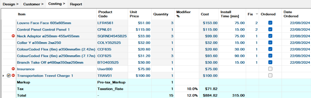 Costing detailed view