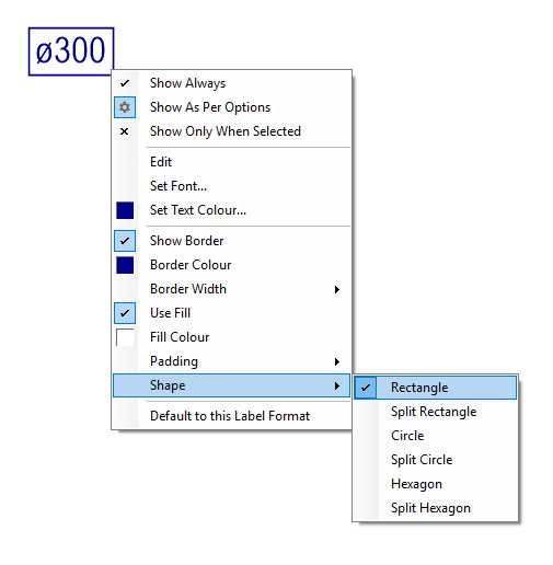 The context menu shown on a label