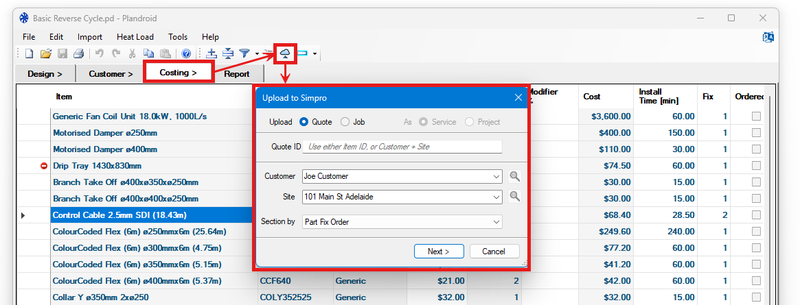 Upload to Simpro Options